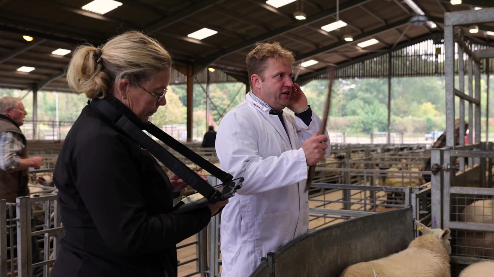 The auctioneer selling a pen of lambs, with the clerk recording the sale